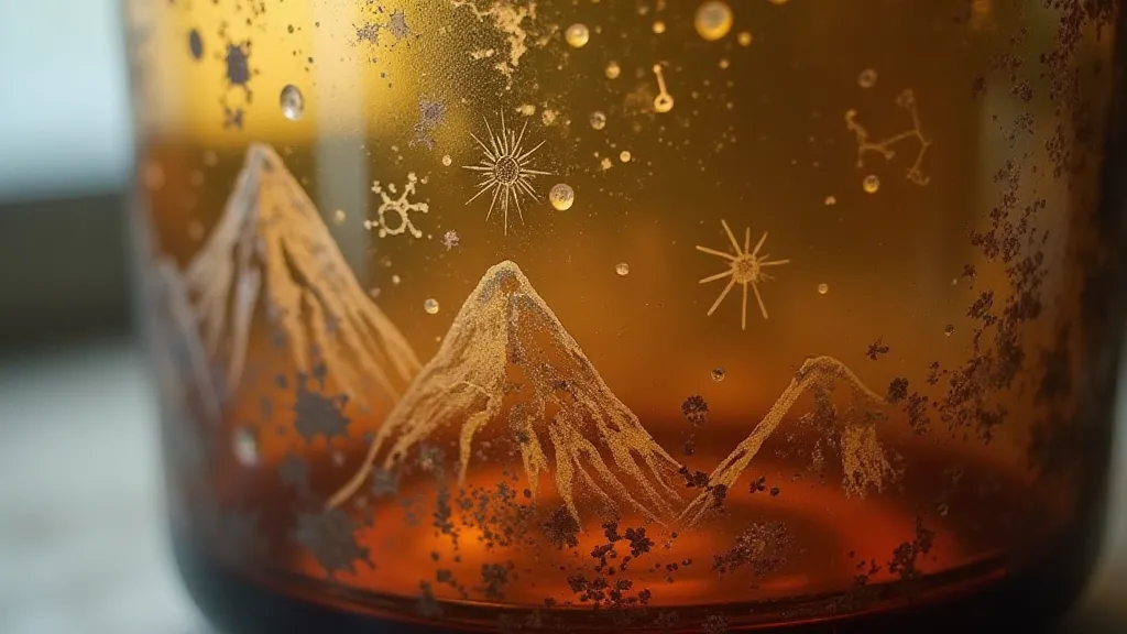Amber bottle with mountain etching