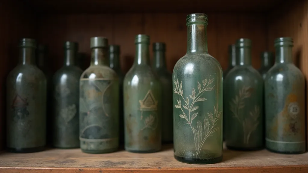 Collection of antique bottles, one with reverse glass etching.