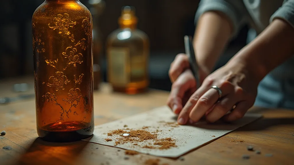 Antique bottle with partial reverse glass etching design.