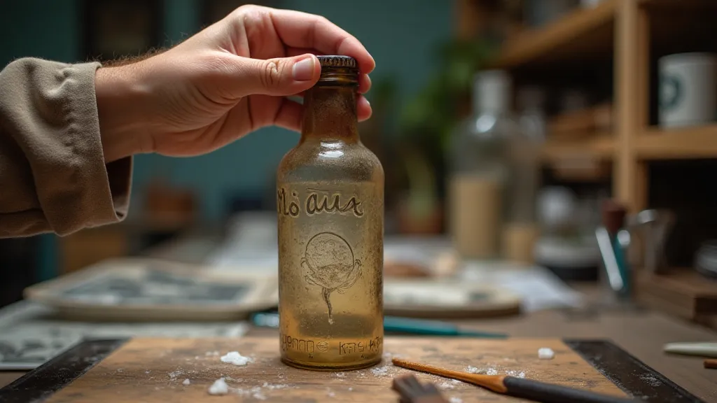 Hand cleaning an antique bottle, preparing for reverse glass etching.