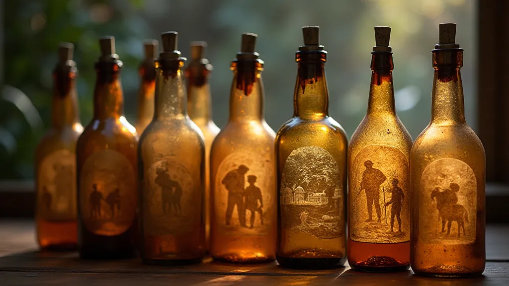 Series of etched bottles telling a story