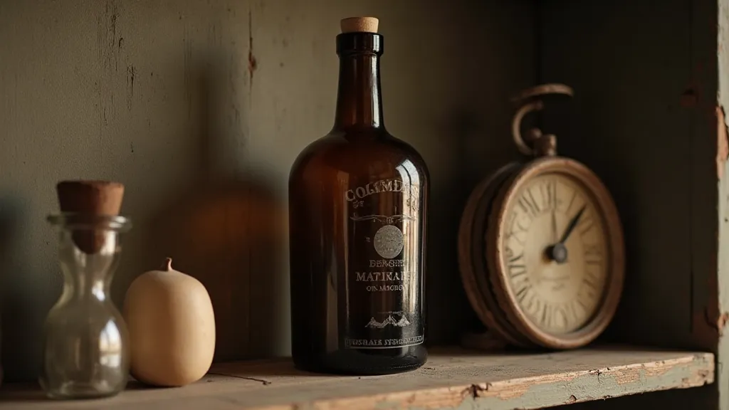 Antique bottle on a shelf with subtle reverse glass etching.