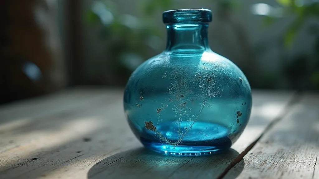 Antique cobalt blue bottle with minimalist leaf etching.