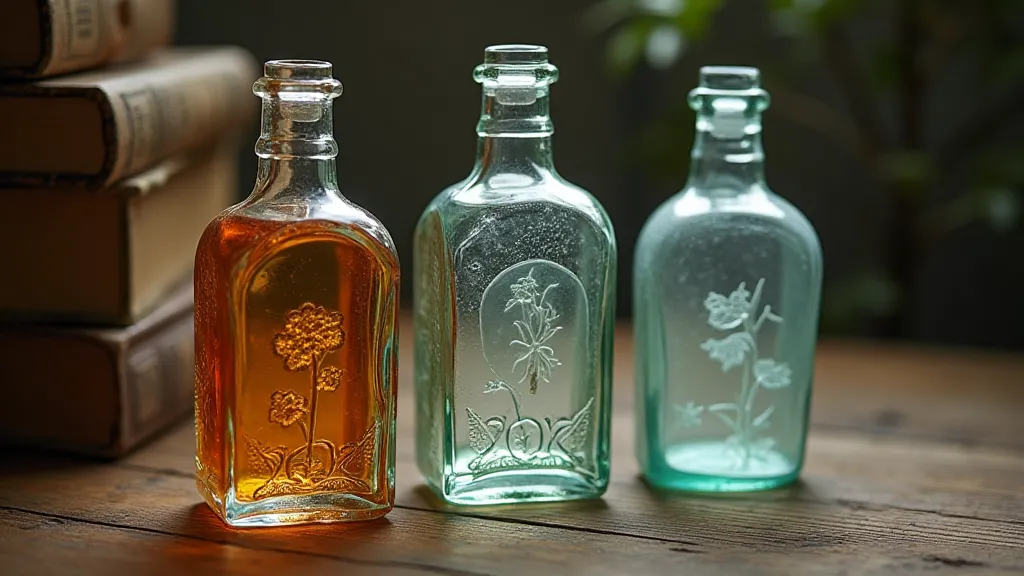 Arrangement of colored etched bottles