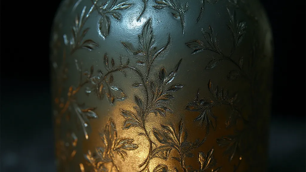 Close-up of a reverse glass etched antique bottle.