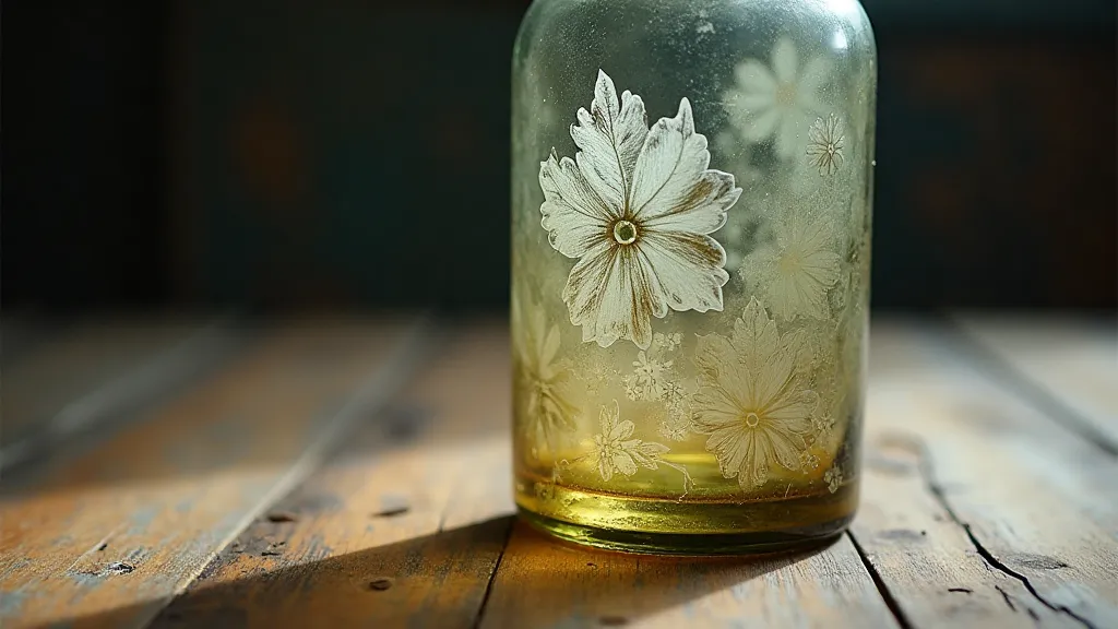Close-up of imperfectly etched bottle