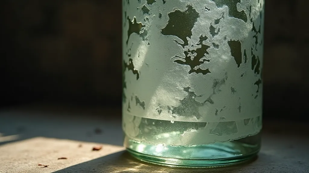 Antique bottle with etched scene, filled with water
