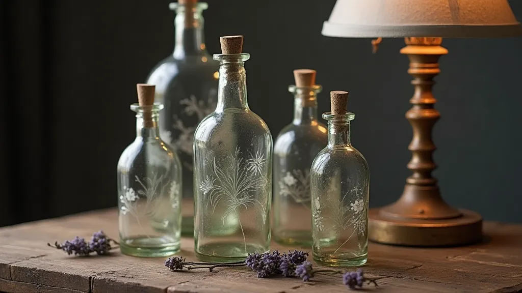 Antique bottles with etched floral designs