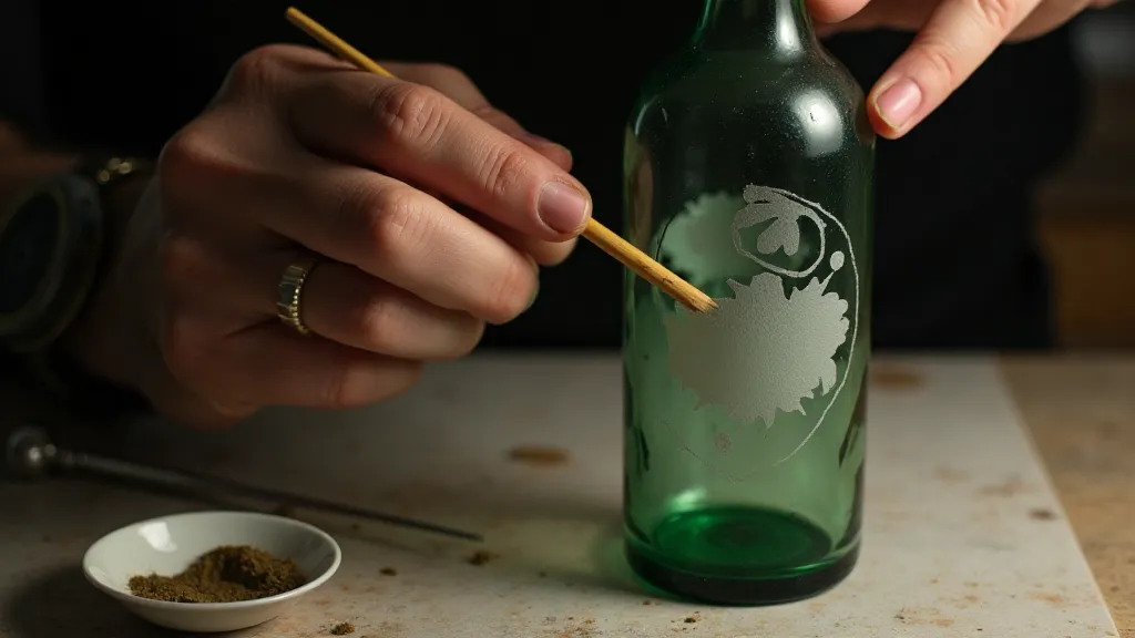 Hands applying resist cream to a vintage green glass bottle.