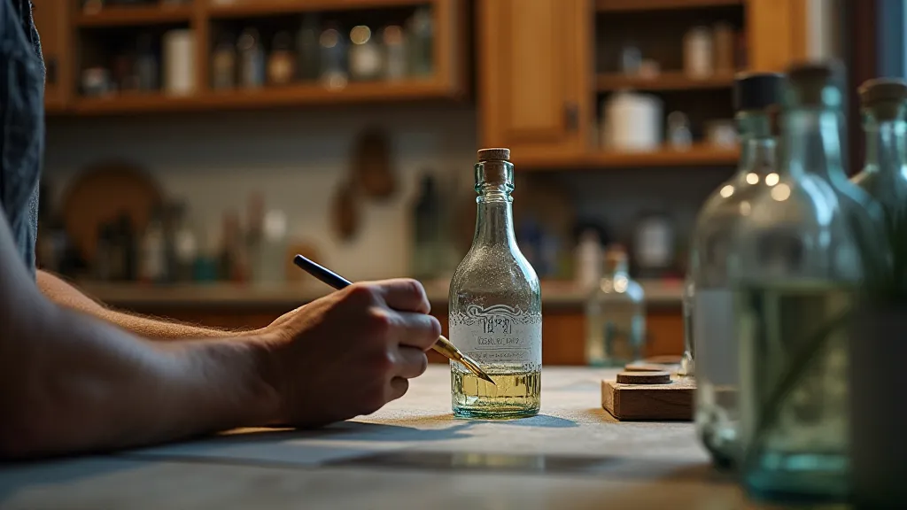 Craftsman applying etching cream to a glass bottle