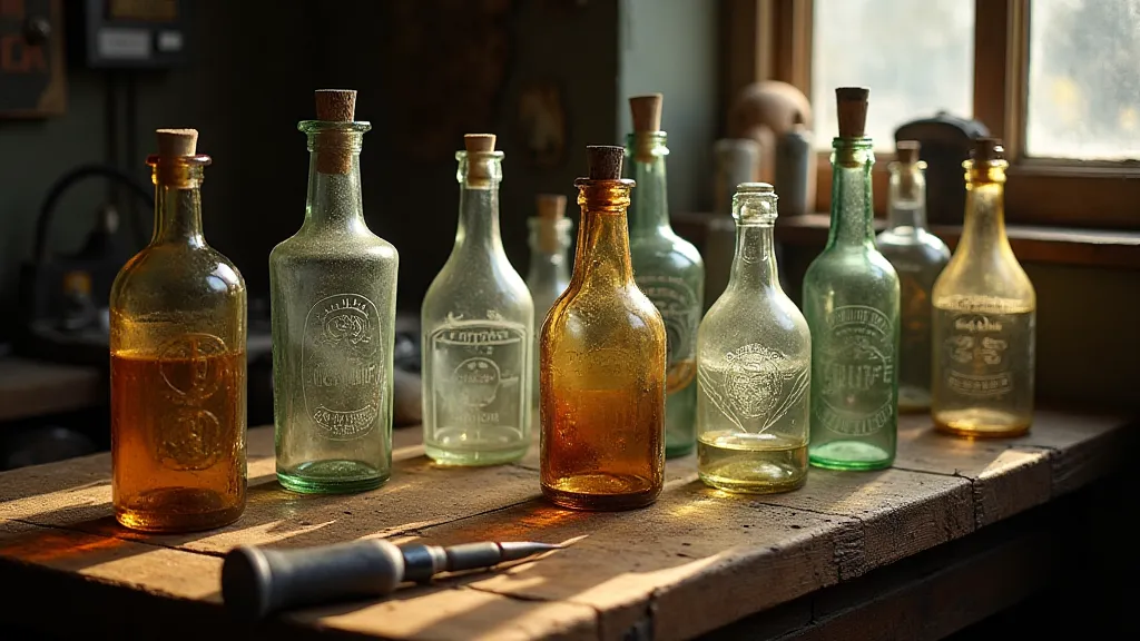 Antique bottles with etching tools