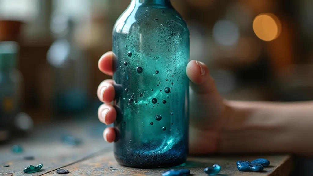 Hand holding a colored etched bottle